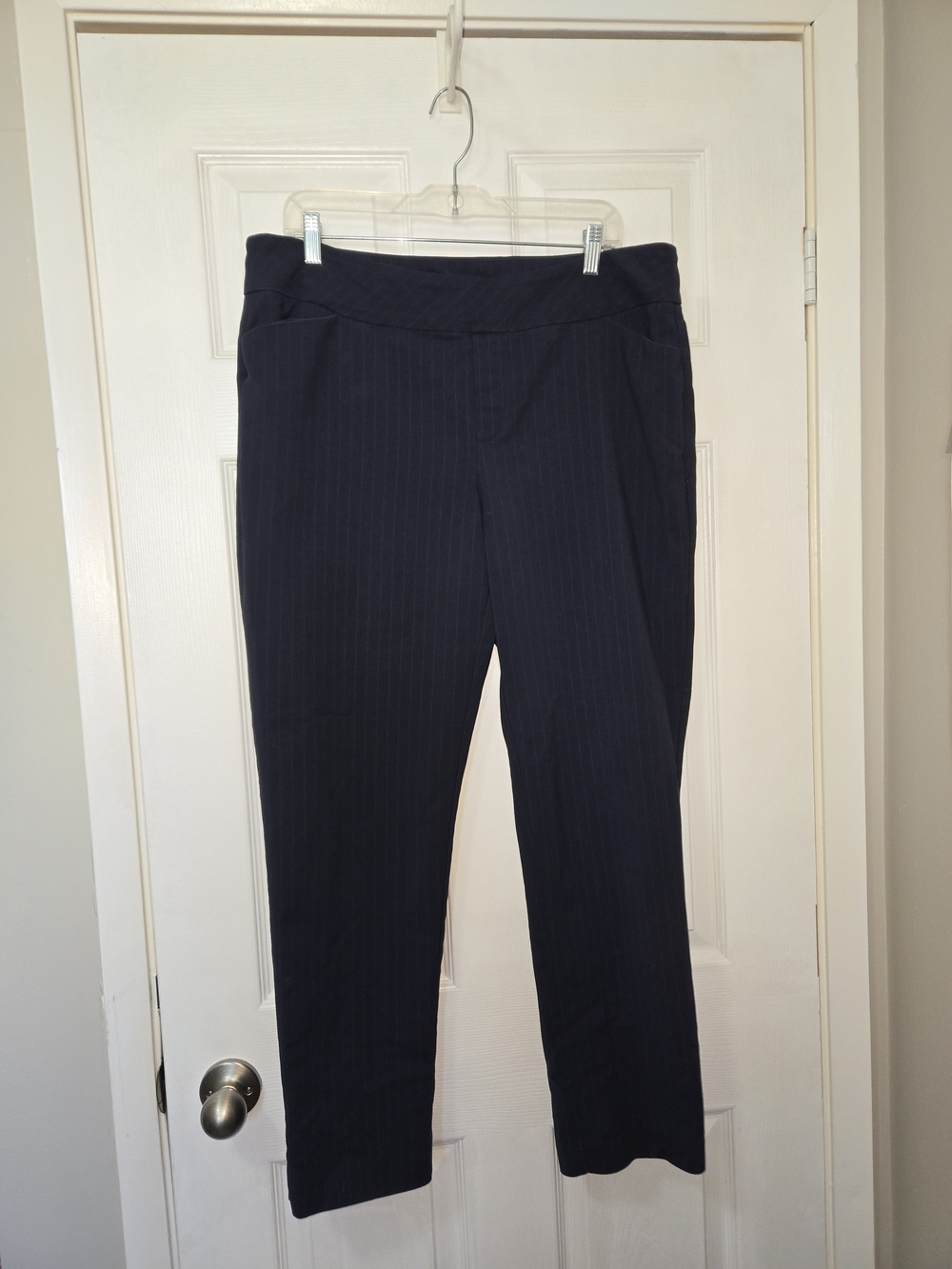 Slim Navy Pinstripe Pull-On Trousers